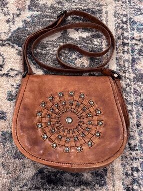 Brown Leather Studded Crossbody Bag with Mandala Accent